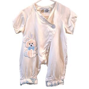 Vintage 1970s Baby Boy Romper White Satin Blue Bunny Applique Lace 6-9M Handmade